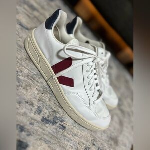 Veja White Sneakers with Burgundy V and Navy Heel Tab